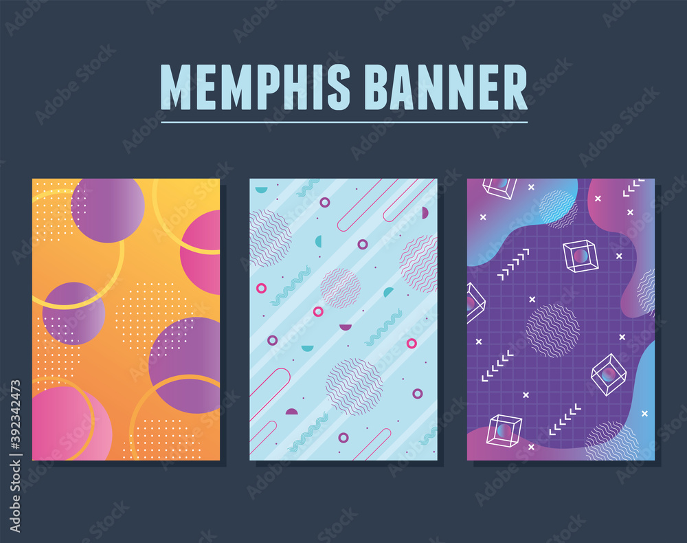 memphis style set with geometric shapes and banners