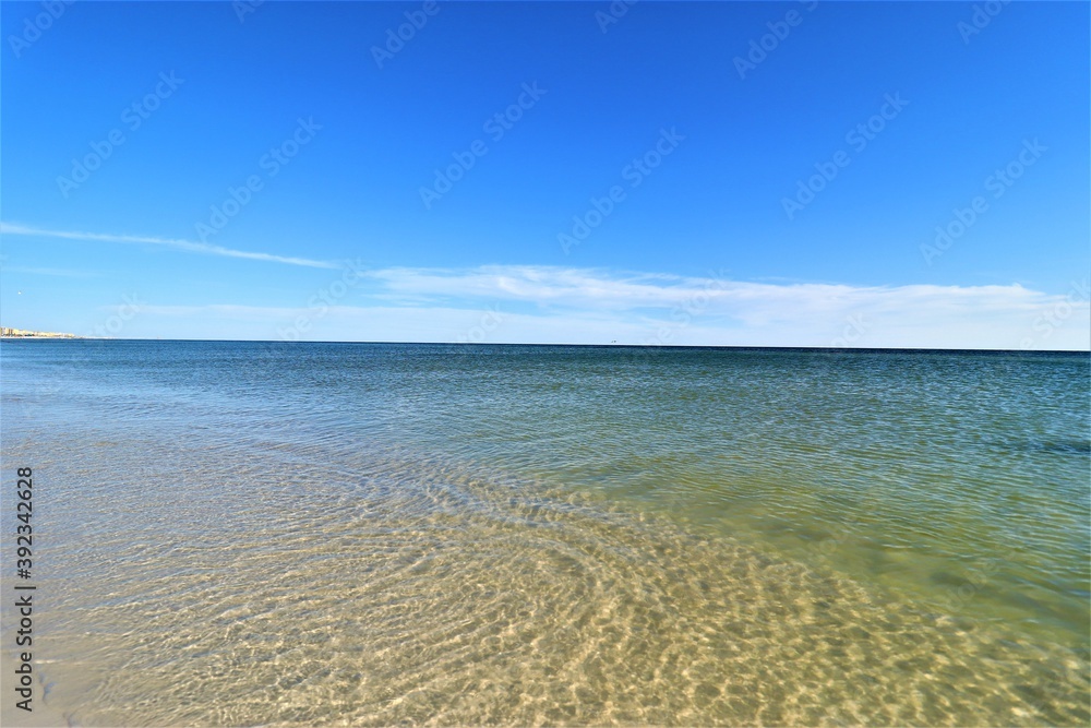 Naklejka premium The seascape, a beautiful blank view from the coast of the Gulf of Mexico, calm ocean waters without waves over the horizon converge with a clear blue sky, in the foreground you can see the coast with