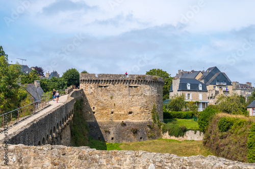 Dinan, France - August 26, 2019: View of the historic town and medieval ramparts which still surround the Old Town of Dinan in French Brittany