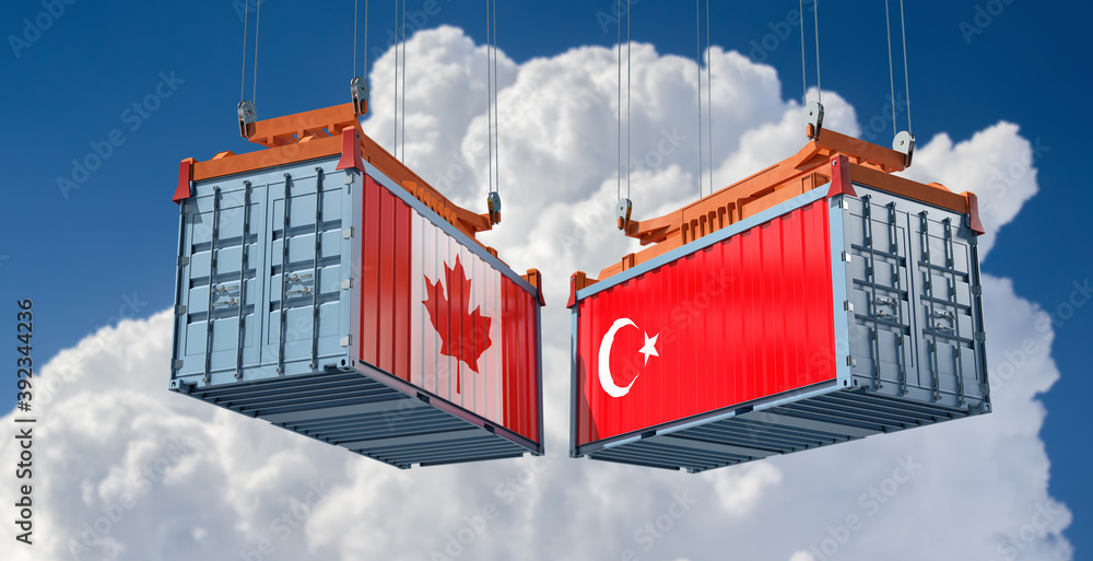 Freight containers with Canada and Turkey national flags. 3D Rendering 