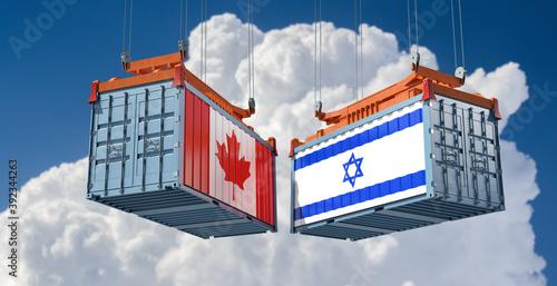 Freight containers with Canada and Israel national flags. 3D Rendering 