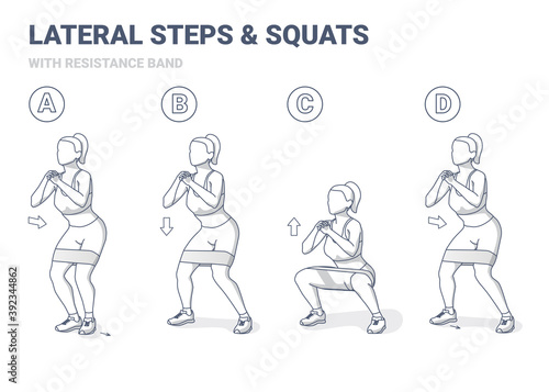 Lateral Walk and Squats with Resistance Band Girl Exercise Gudance. Side Steps and Squating Home Workout Illustration