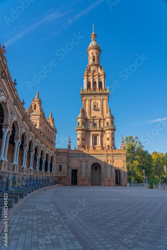 The Plaza de Espana, Spain Square, in Seville, Andalusia, Spain. It is located in the Parque de Maria Luisa, vertical