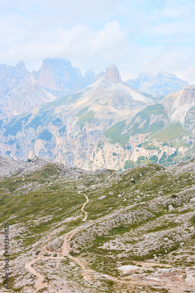 The Sexten Dolomites of northeastern Italy. Three peaks of Lavaredo. Alpine landscape.