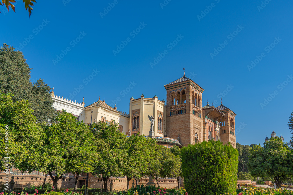 The Plaza de America and the Museum of Popular Arts in Seville, Spain. It is located in the Parque de Maria Luisa.