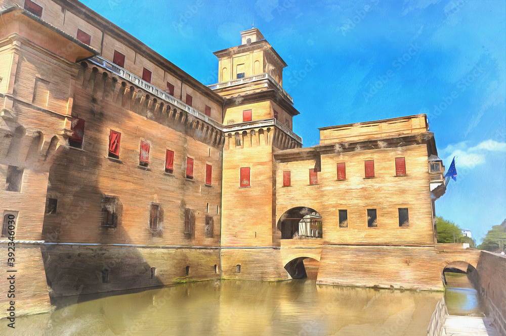 Castello Estense colorful painting, Ferrara, Emilia-Romagna Italy.