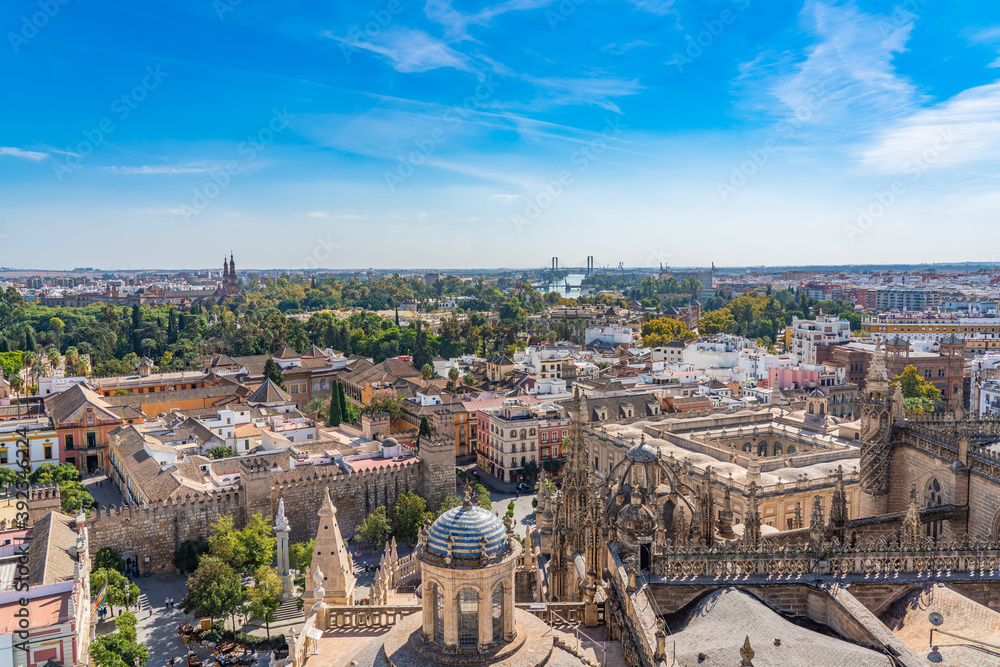 City skyline of Sevilla aerial view from the top of Cathedral of Saint Mary of the See, Seville Cathedral , Spain