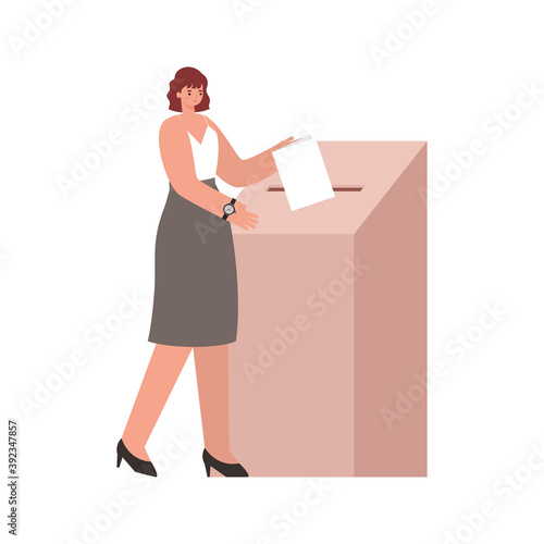 woman voting with reddish hair and white shirt
