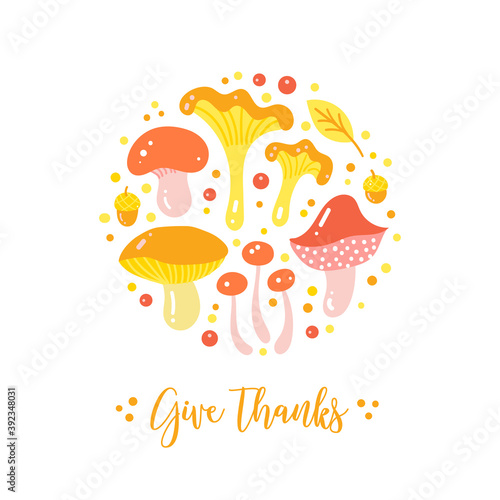Thank you greeting card template design with various cute cartoon wild mushrooms, acorns and berries.