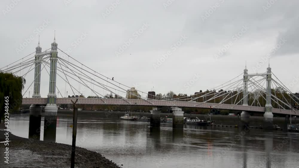 London, UK - November 11th 2020 - Autumn at the Southbank in London - Albert Bridge and falling leaves London, UK - November 11th 2020 - Autumn at the Southbank in London - Albert Bridge and falling leaves