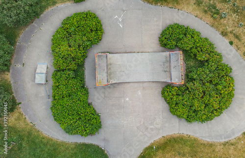 Top down aerial look to skatepark ramp near house development