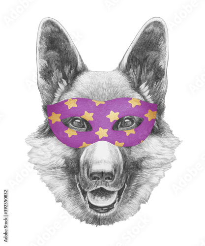 Portrait of German Shepherd with a carnival mask. Hand-drawn illustration.