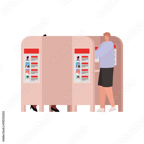 woman and man with purple shirt in voting booth on white background