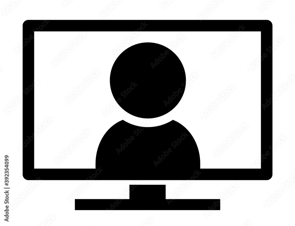 デスクトップPCでのオンライン通話のシンプルなアイコン/白黒