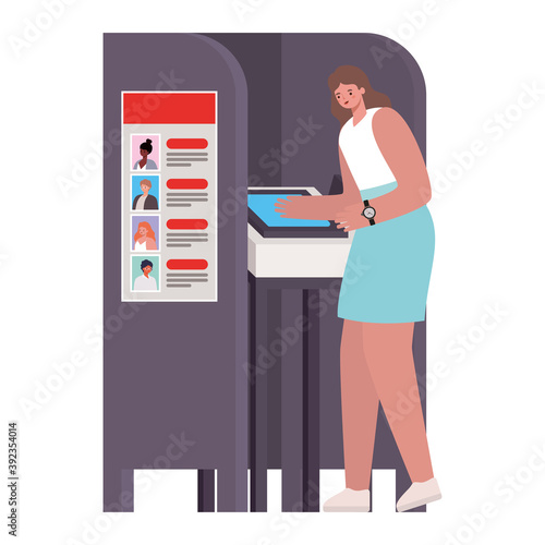 woman voting with brown hair and blue skirt in gray voting booth