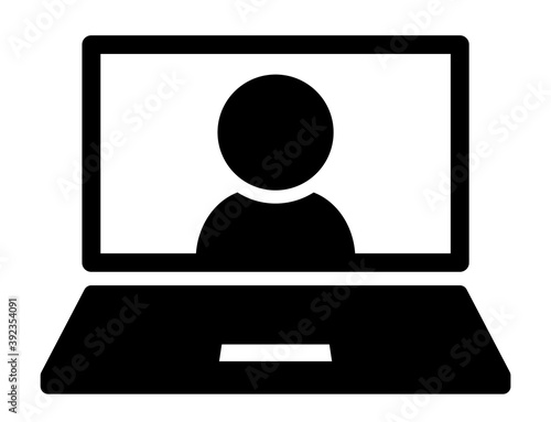 ノートPCでのオンライン通話のシンプルなアイコン/白黒