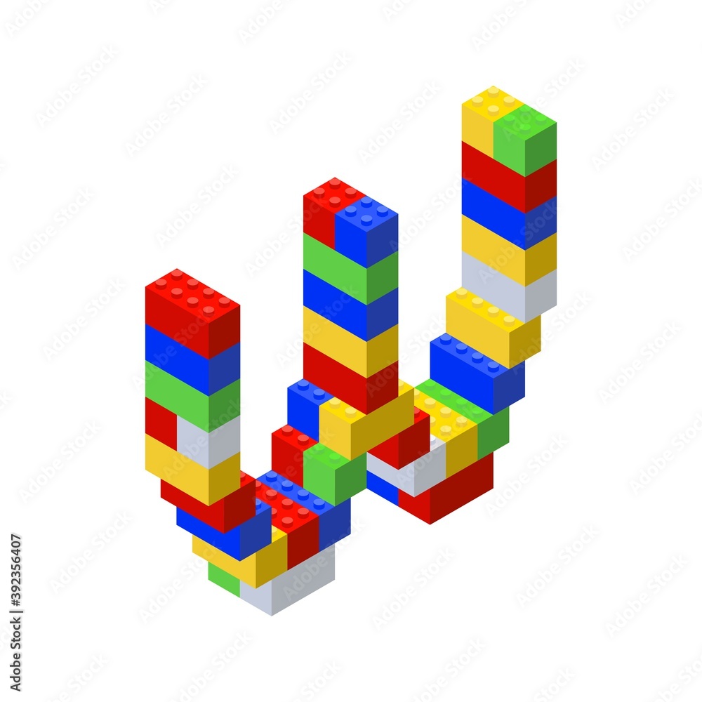 Obraz premium Isometric font made from color plastic blocks. The childrens designer. Letter W. Vector illustration