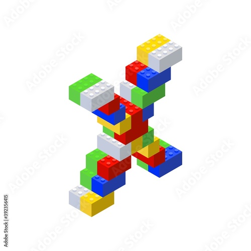 Isometric font made from color plastic blocks. The childrens designer. Letter X. Vector illustration