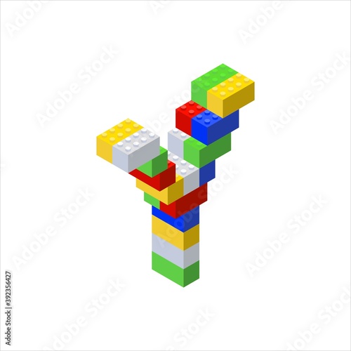 Isometric font made from color plastic blocks. The childrens designer. Letter Y. Vector illustration