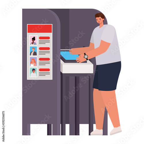 man voting with brown hair, gray shirt and wristwatch in gray voting booth