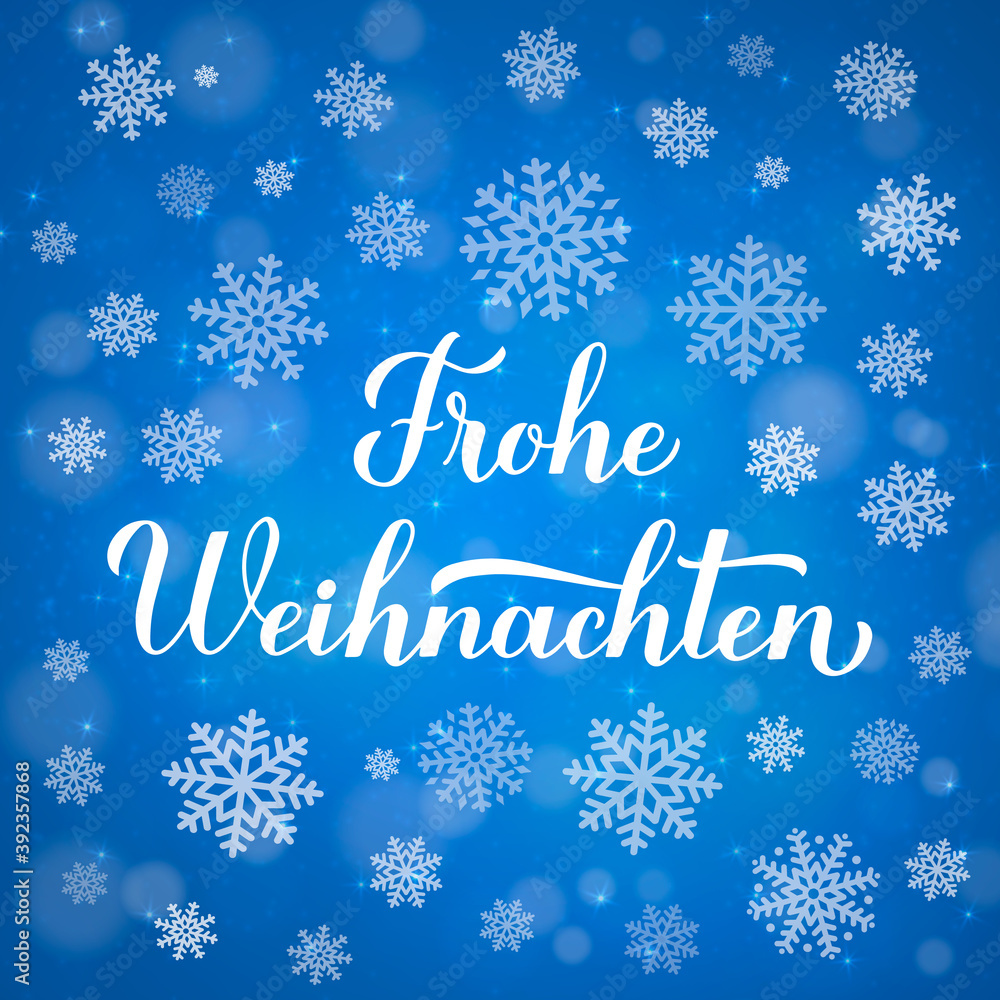 Frohe Weihnachten calligraphy hand lettering on blue background with bokeh and snowflakes. Merry Christmas typography poster in German. Vector template for greeting card, banner, flyer, etc.