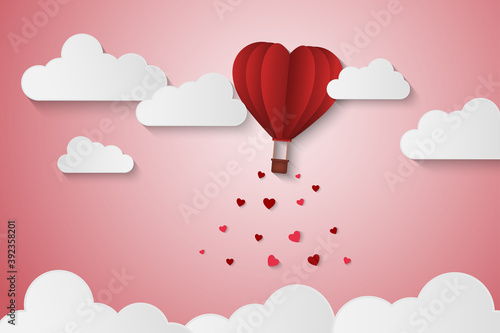 Paper Style love of valentine day   balloon flying over cloud with heart float on the sky  couple honeymoon   vector illustration background