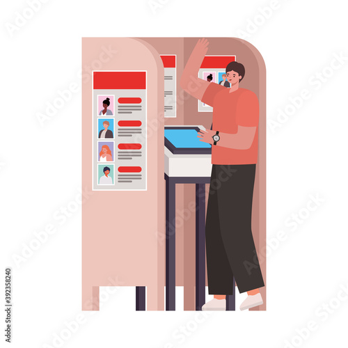 man with brown hair and a salmon color shirt in voting booth