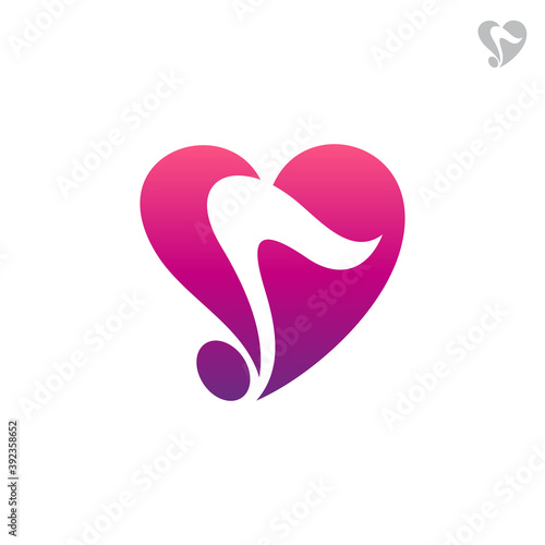 Love music logo, music note with heart shape, simple flat logo template