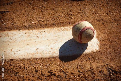 Baseball on pitcher mound of dirt ball field