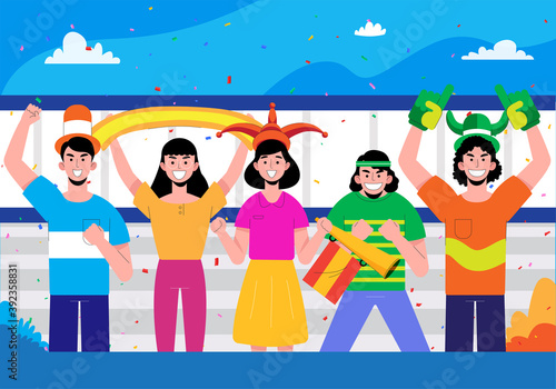 Happy fans are cheering for their team. A group of people supports athletes. Friends are support sport team. Cheering multiracial crowd of people