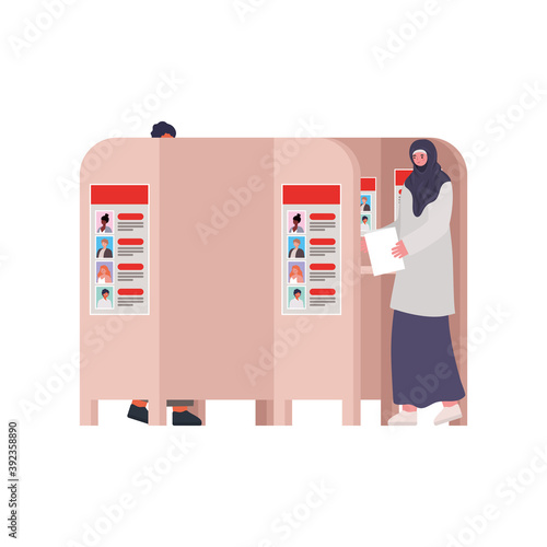woman and man in voting booth on white background