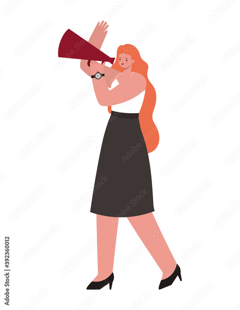 woman dressed in dark skirt and heels with a megaphone woman dressed in dark skirt and heels with a megaphone