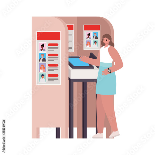 woman with brown hair and blue skirt in voting booth