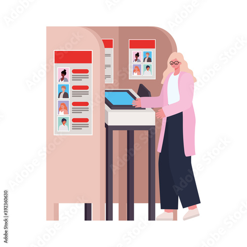woman with yellow hair and a pink coat in voting booth