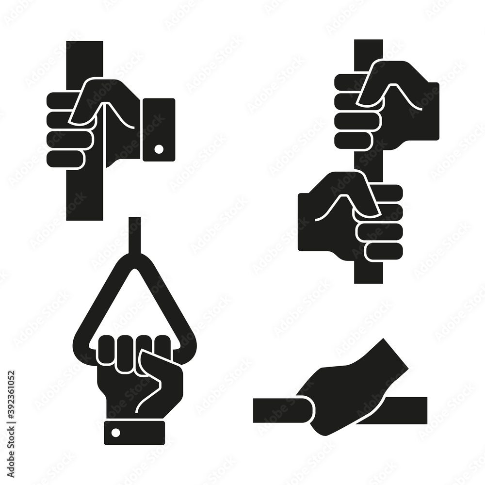 Hands hold on to the handrails icon set. In public transport. Flat style vector illustration isolated on white. Hands hold on to the handrails icon set. In public transport. Flat style vector illustration isolated on white.
