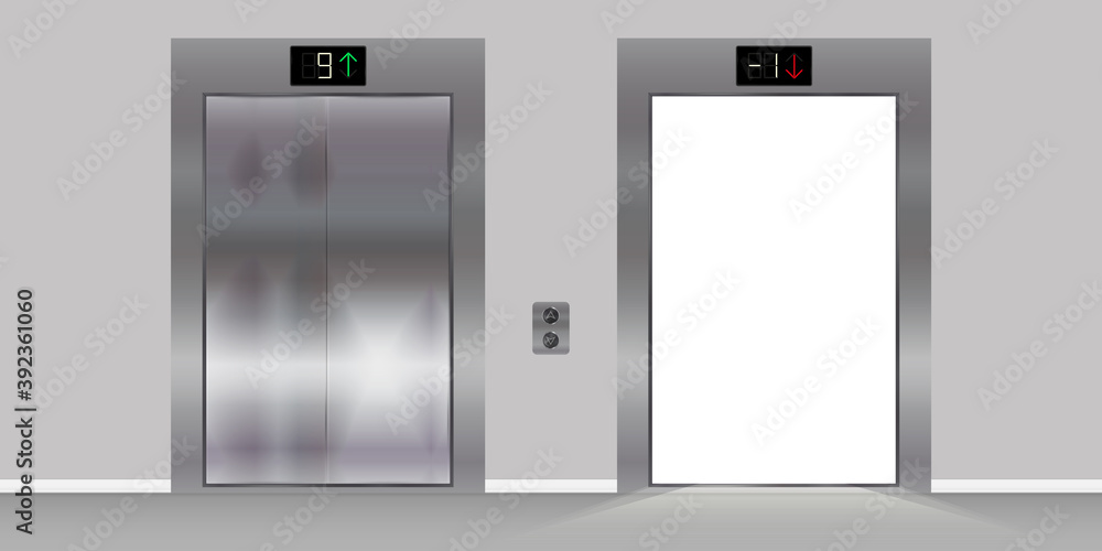 Open and closed chrome metal office building lift elevator doors ...