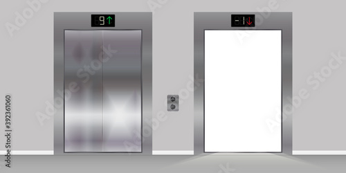 Open and closed chrome metal office building lift elevator doors. Realistic vector illustration.