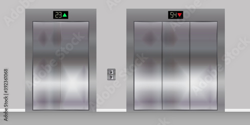 Passenger and cargo freight elevators with closed doors. Realistic vector illustration.