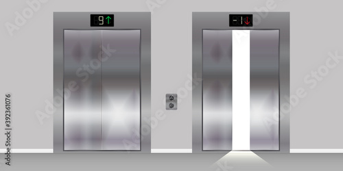 Opening and closed chrome metal office building lift elevator doors. Realistic vector illustration.