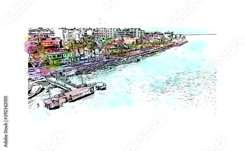 Building view with landmark of Coatzacoalcos is a major port city in the southern part of the Mexican state of Veracruz. Watercolour splash with hand drawn sketch illustration in vector. photo