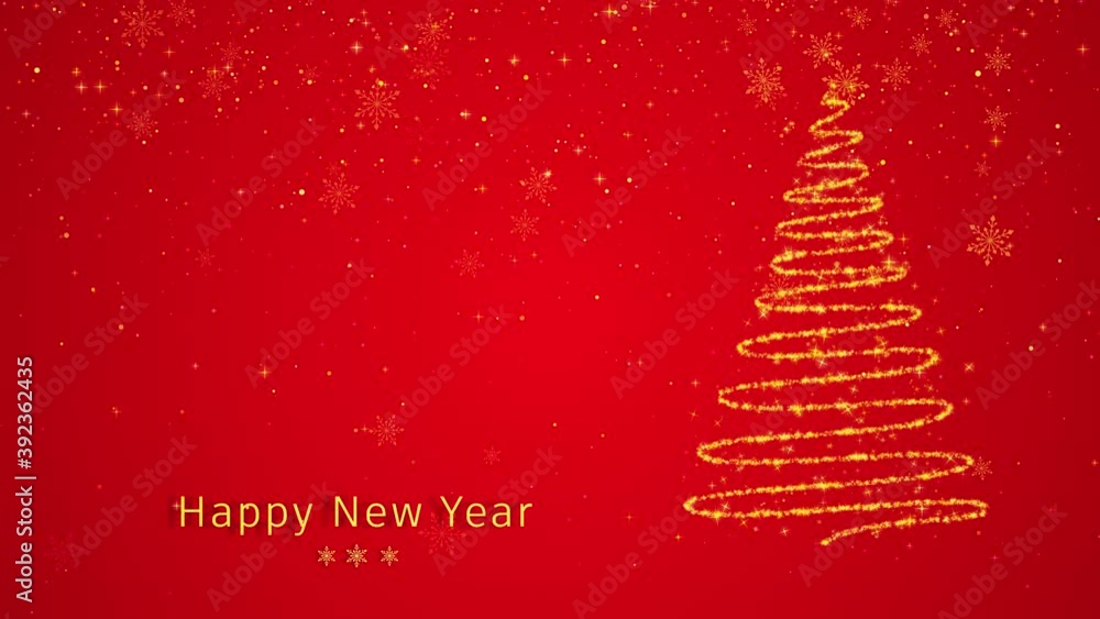 happy new year concept animation ,golden merry christmas tree,glowing stars and snow flakes,red gradient background,snow falling,glittering stars happy new year concept animation ,golden merry christmas tree,glowing stars and snow flakes,red gradient background,snow falling,glittering stars