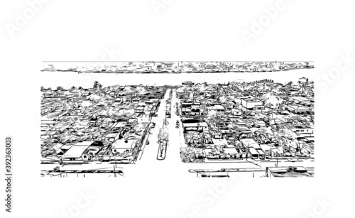 Building view with landmark of Coatzacoalcos is a major port city in the southern part of the Mexican state of Veracruz. Hand drawn sketch illustration in vector.