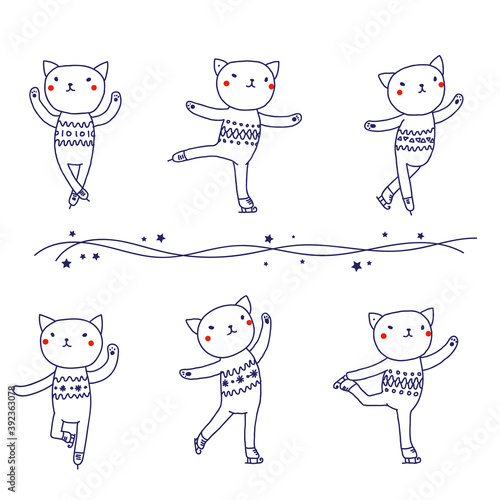 Kitten skates. figure skating set of figures. Vector hand-drawn sketch.