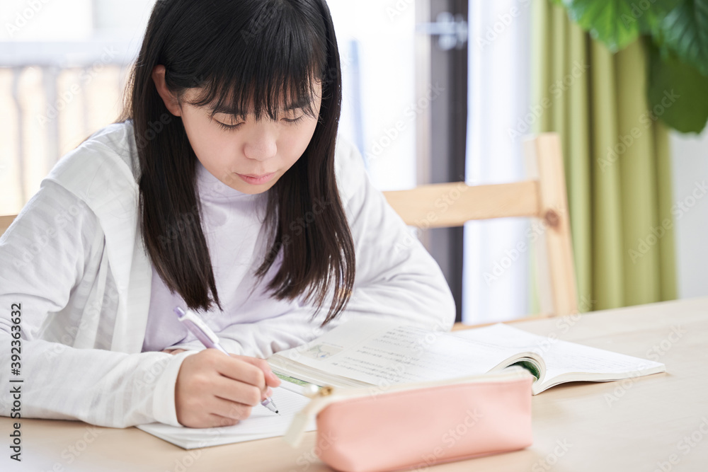 リビングで宿題をする日本人女子中学生 リビングで宿題をする日本人女子中学生