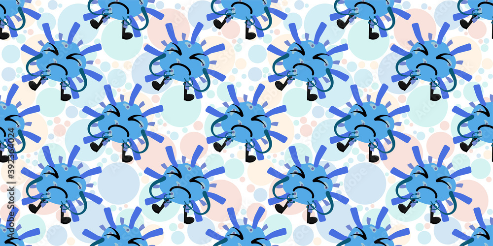 Seamless pattern of Cute cartoon germ in flat style design isolated on Colorful Random Scale Circles background. Bacteriology concept design. Vector illustration EPS10. Seamless pattern of Cute cartoon germ in flat style design isolated on Colorful Random Scale Circles background. Bacteriology concept design. Vector illustration EPS10.