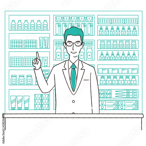 手描き1color　医師・薬剤師　オンライン　指差し　メガネ男性　薬棚　イケメン
