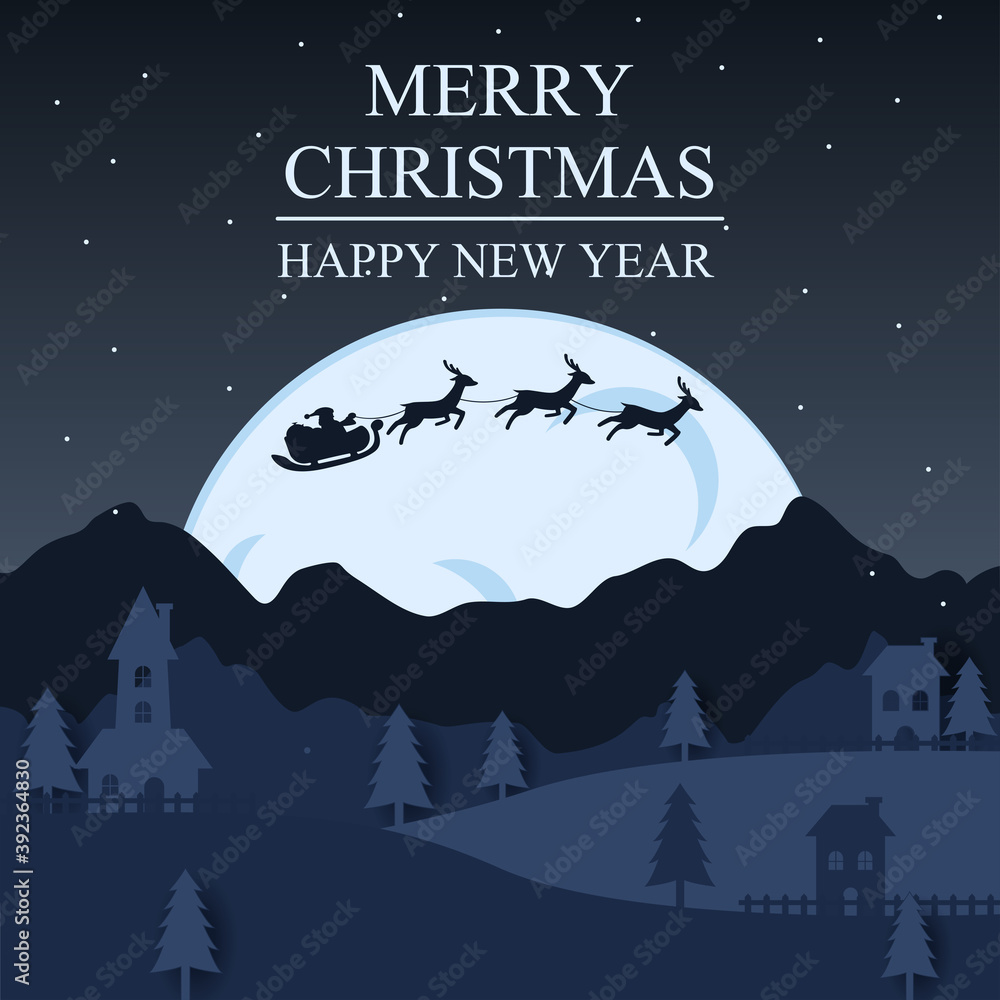 Merry Christmas and Happy New Year Paper Art . Illustration of Santa Claus and reindeer on the sky to give gifts , vector art concept , invitation card Merry Christmas and Happy New Year Paper Art . Illustration of Santa Claus and reindeer on the sky to give gifts , vector art concept , invitation card