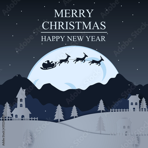 Merry Christmas and Happy New Year Paper Art . Illustration of Santa Claus and reindeer on the sky to give gifts ,paper art and craft style , vector concept , invitation card