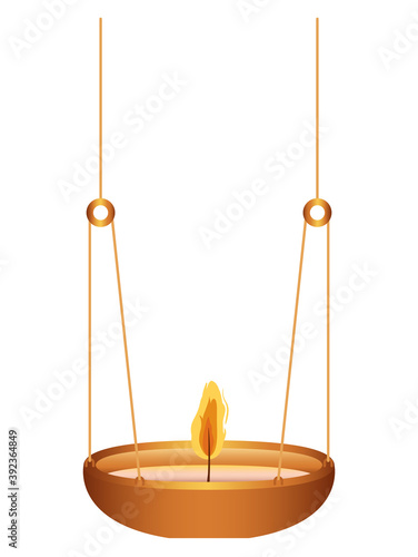 candle of orange color on a chandelier and flame on a white background