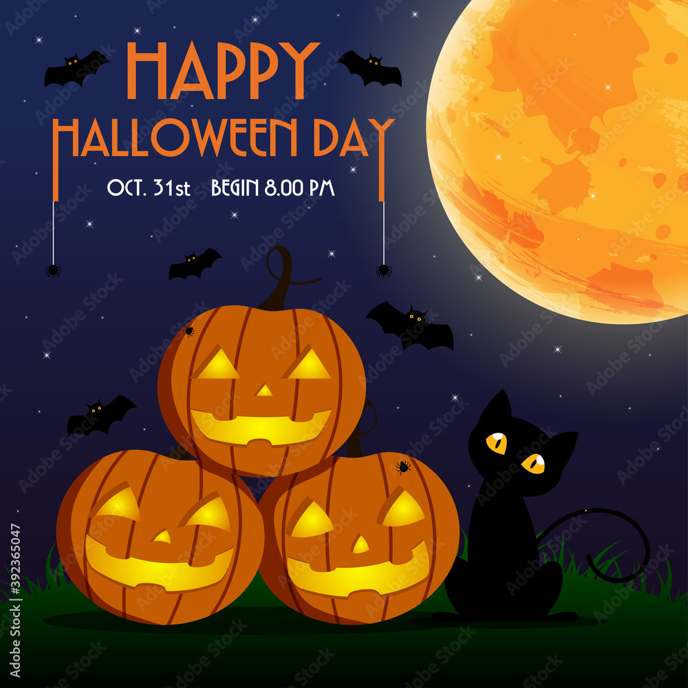 Happy Halloween Day ,  Bat and spider on text , Cute pumpkin smile spooky scary but cute and black cat party under moon , vector illustration , sign element